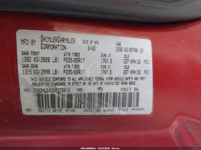Продаж на аукціоні авто 2004 Chrysler Pacifica, vin: 2C8GM68464R379013, номер лоту: 44666642