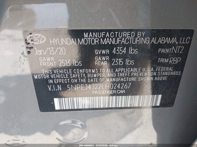 Aukcja sprzedaży 2020 Hyundai Sonata Sel Plus, vin: 5NPEJ4J22LH024267, numer aukcji: 44666653