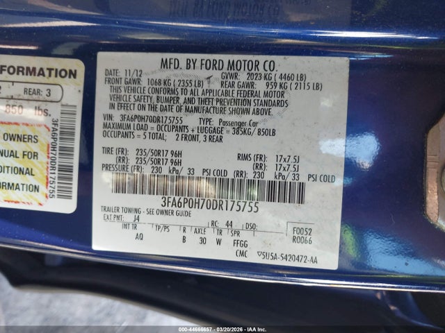 Продажа на аукционе авто 2013 Ford Fusion Se, vin: 3FA6P0H70DR175755, номер лота: 44666657