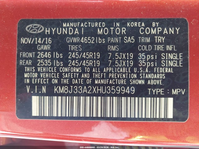 44666668 :رقم المزاد ، KM8J33A2XHU359949 vin ، 2017 Hyundai Tucson Limited مزاد بيع