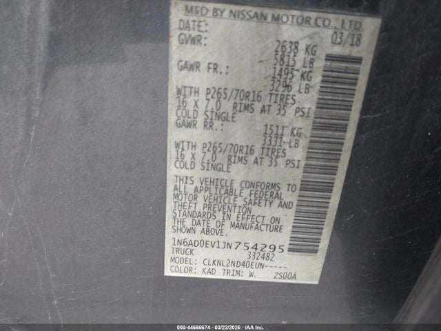 1N6AD0EV1JN754295 Nissan Frontier Sv
