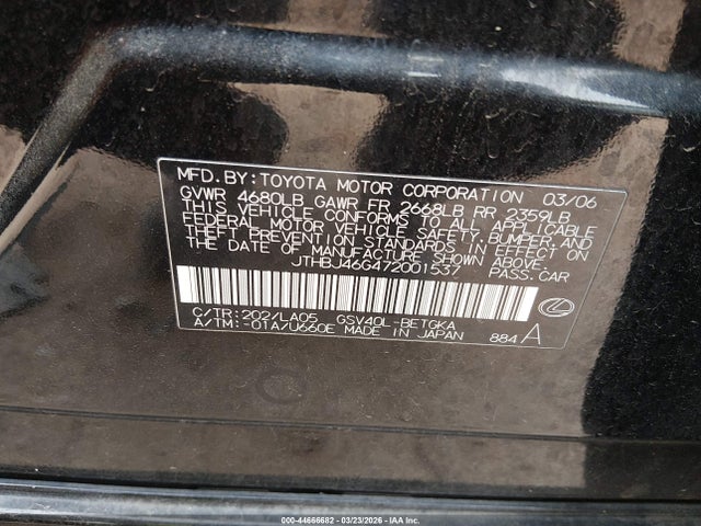 Aukcja sprzedaży 2007 Lexus Es 350, vin: JTHBJ46G472001537, numer aukcji: 44666682