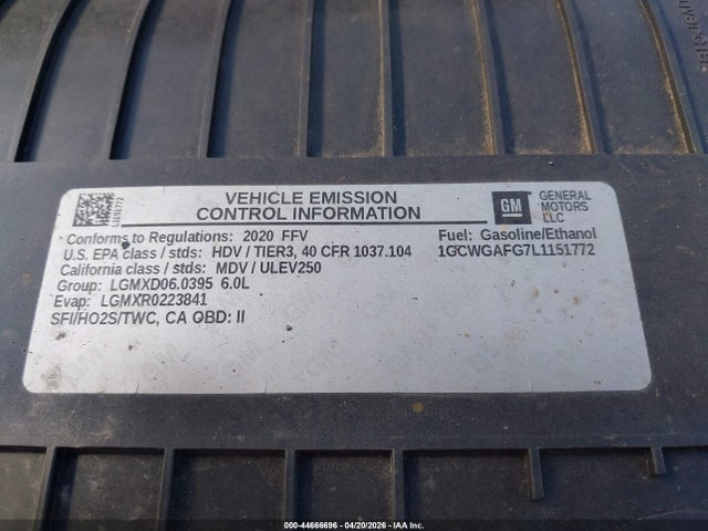 44666696 :رقم المزاد ، 1GCWGAFG7L1151772 vin ، 2020 Chevrolet Express Cargo Rwd 2500 Regular Wheelbase Wt مزاد بيع