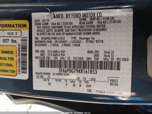 Aukcja sprzedaży 2019 Ford Fusion S, vin: 3FA6P0G79KR161853, numer aukcji: 44666706