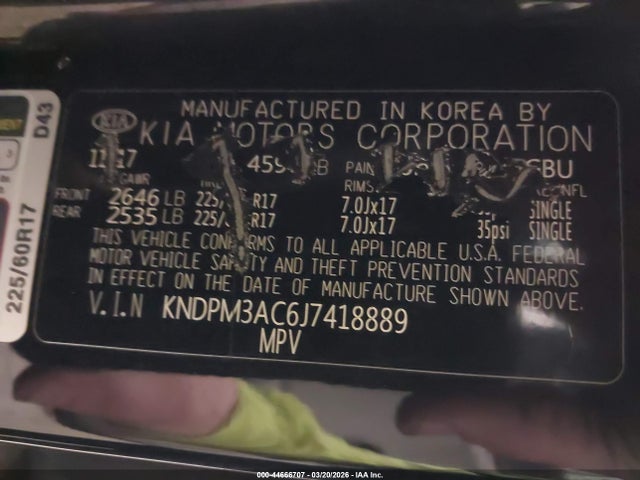 44666707 :رقم المزاد ، KNDPM3AC6J7418889 vin ، 2018 Kia Sportage Lx مزاد بيع