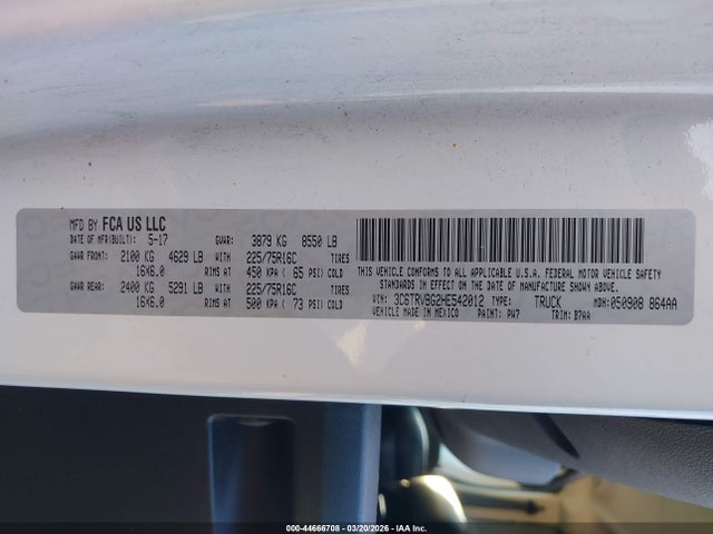 Aukcja sprzedaży 2017 Ram Promaster 1500 High Roof 136 Wb, vin: 3C6TRVBG2HE542012, numer aukcji: 44666708