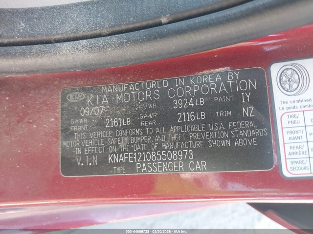 Aukcja sprzedaży 2008 Kia Spectra Ex, vin: KNAFE121085508973, numer aukcji: 44666738