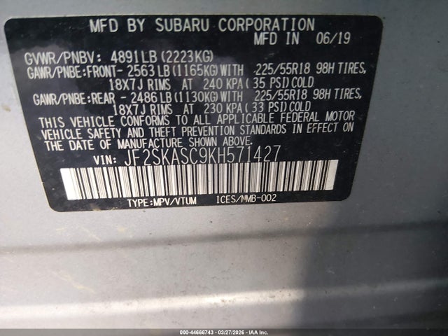 44666743 :رقم المزاد ، JF2SKASC9KH571427 vin ، 2019 Subaru Forester Limited مزاد بيع