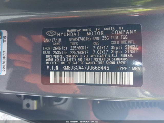2018 Hyundai Tucson Sel მანქანა იყიდება აუქციონზე, vin: KM8J3CA47JU668446, აუქციონის ნომერი: 44666751