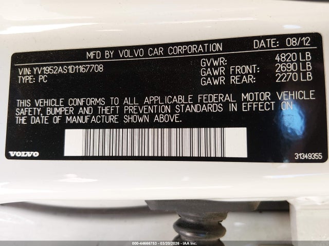 2013 Volvo S80 3.2 Premier Plus მანქანა იყიდება აუქციონზე, vin: YV1952AS1D1167708, აუქციონის ნომერი: 44666753