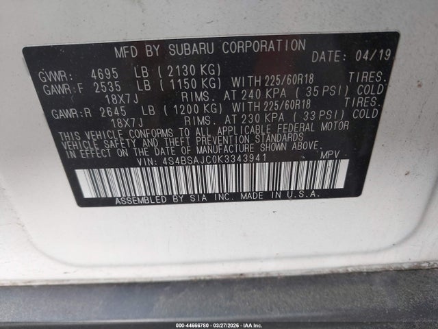 44666780 :رقم المزاد ، 4S4BSAJC0K3343941 vin ، 2019 Subaru Outback 2.5i Limited مزاد بيع