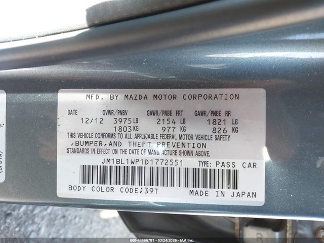 2013 Mazda Mazda3 I Grand Touring მანქანა იყიდება აუქციონზე, vin: JM1BL1WP1D1772551, აუქციონის ნომერი: 44666781