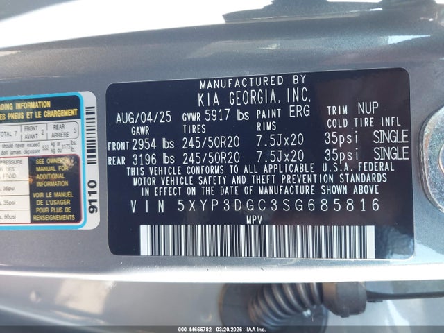 2025 Kia Telluride Ex მანქანა იყიდება აუქციონზე, vin: 5XYP3DGC3SG685816, აუქციონის ნომერი: 44666782