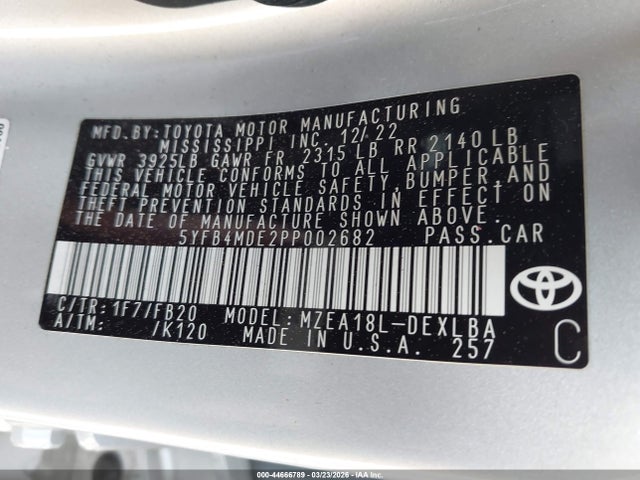 Aukcja sprzedaży 2023 Toyota Corolla Le, vin: 5YFB4MDE2PP002682, numer aukcji: 44666789