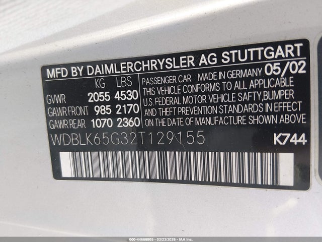 Продаж на аукціоні авто 2002 Mercedes-benz Clk 320, vin: WDBLK65G32T129155, номер лоту: 44666805