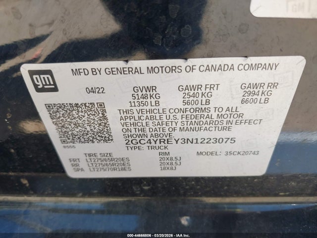 44666806 :رقم المزاد ، 2GC4YREY3N1223075 vin ، 2022 Chevrolet Silverado 2500hd 4wd  Standard Bed High Country مزاد بيع