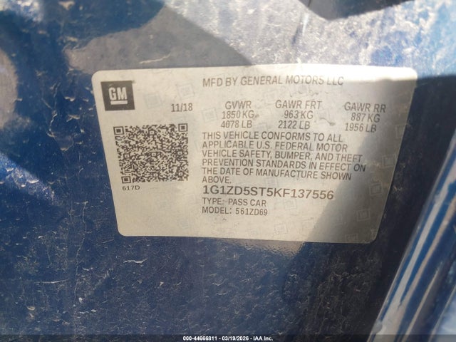 2019 Chevrolet Malibu Lt მანქანა იყიდება აუქციონზე, vin: 1G1ZD5ST5KF137556, აუქციონის ნომერი: 44666811