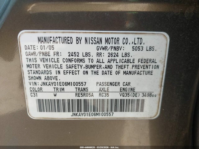 Aukcja sprzedaży 2006 Infiniti M35 Sport, vin: JNKAY01E06M100557, numer aukcji: 44666828