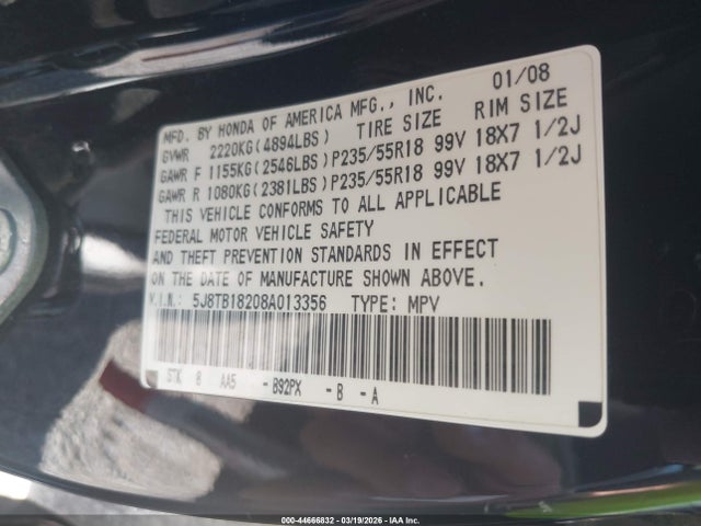 2008 Acura Rdx მანქანა იყიდება აუქციონზე, vin: 5J8TB18208A013356, აუქციონის ნომერი: 44666832