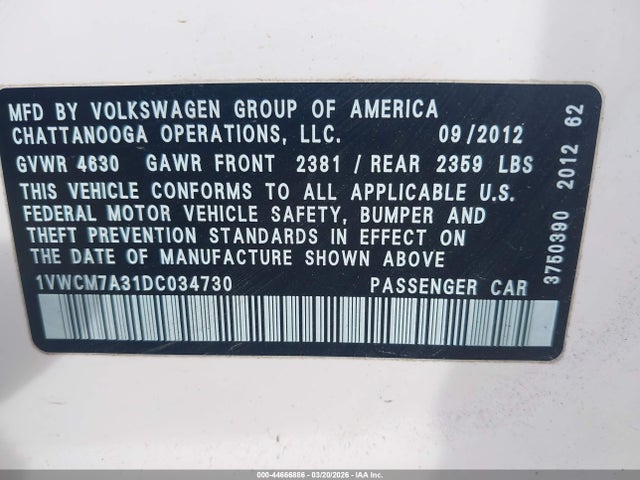 Продаж на аукціоні авто 2013 Volkswagen Passat 3.6l V6 Sel Premium, vin: 1VWCM7A31DC034730, номер лоту: 44666886