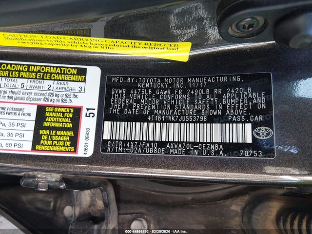 2018 TOYOTA CAMRY 4T1B11HK7JU553798 Photo 8