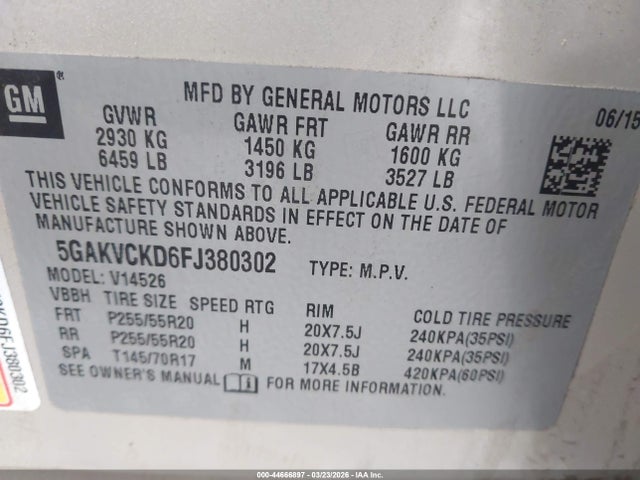 Продаж на аукціоні авто 2015 Buick Enclave Premium, vin: 5GAKVCKD6FJ380302, номер лоту: 44666897
