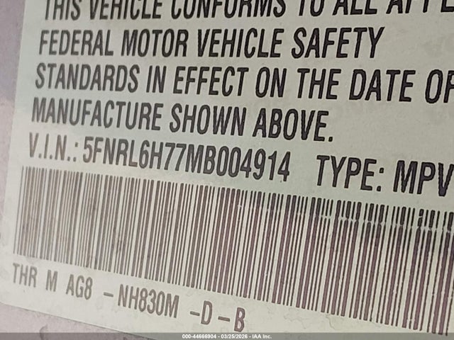 5FNRL6H77MB004914 Honda Odyssey Ex-l