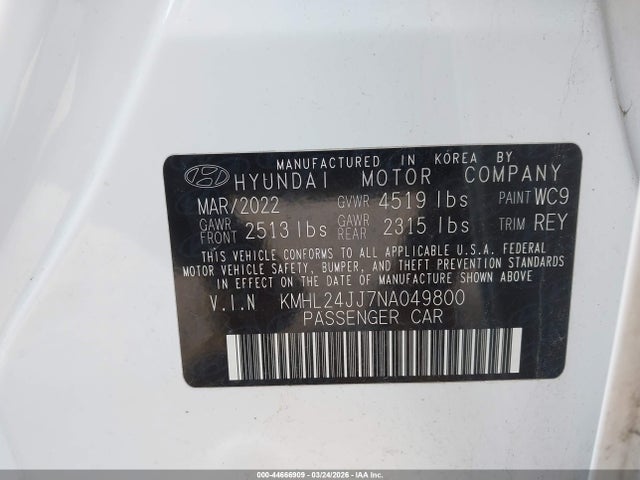 Aukcja sprzedaży 2022 Hyundai Sonata Hybrid Blue, vin: KMHL24JJ7NA049800, numer aukcji: 44666909