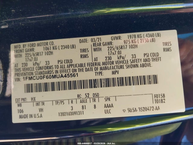 Aukcja sprzedaży 2021 Ford Escape S, vin: 1FMCU0F60MUA45561, numer aukcji: 44666917