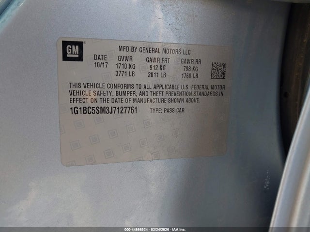 44666924 :رقم المزاد ، 1G1BC5SM3J7127761 vin ، 2018 Chevrolet Cruze Ls Auto مزاد بيع