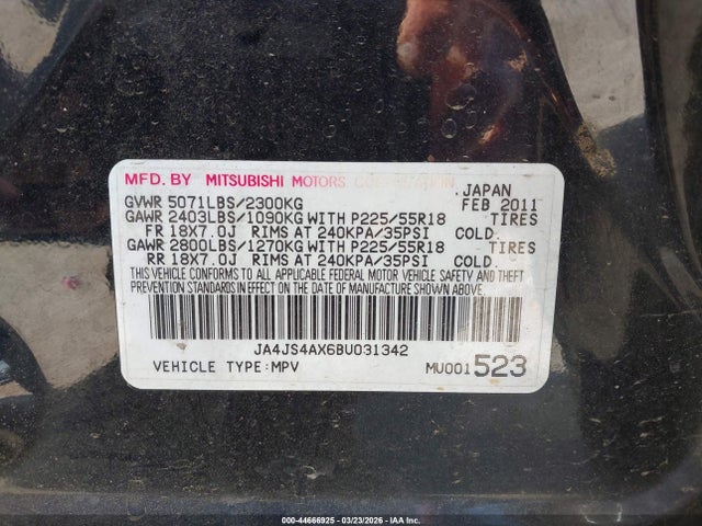 Aukcja sprzedaży 2011 Mitsubishi Outlander Xls, vin: JA4JS4AX6BU031342, numer aukcji: 44666925