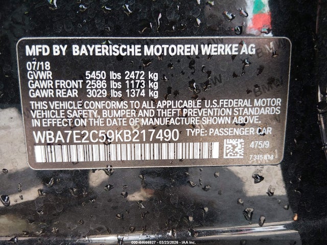 2019 Bmw 740i მანქანა იყიდება აუქციონზე, vin: WBA7E2C59KB217490, აუქციონის ნომერი: 44666927