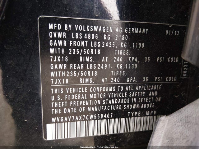 44666962 :رقم المزاد ، WVGAV7AX7CW559407 vin ، 2012 Volkswagen Tiguan Se مزاد بيع
