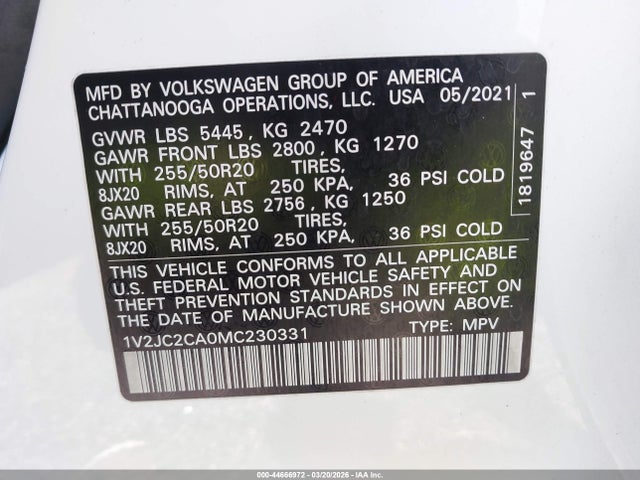 44666972 :رقم المزاد ، 1V2JC2CA0MC230331 vin ، 2021 Volkswagen Atlas Cross Sport 2.0t Se W/technology مزاد بيع