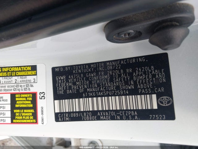 2023 Toyota Camry Xse მანქანა იყიდება აუქციონზე, vin: 4T1K61AK5PU725914, აუქციონის ნომერი: 44666977