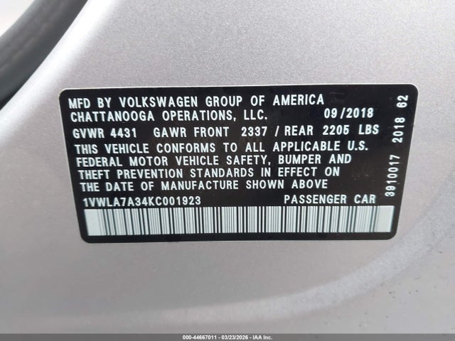 Продаж на аукціоні авто 2019 Volkswagen Passat 2.0t Wolfsburg Edition, vin: 1VWLA7A34KC001923, номер лоту: 44667011