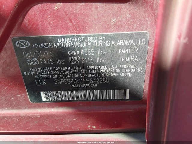 44667014 :رقم المزاد ، 5NPEB4AC1EH842288 vin ، 2014 Hyundai Sonata Gls مزاد بيع