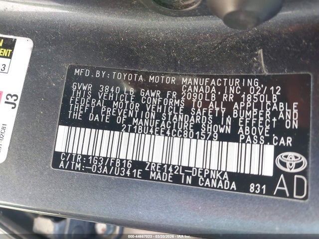 44667023 :رقم المزاد ، 2T1BU4EE4CC801579 vin ، 2012 Toyota Corolla Le مزاد بيع