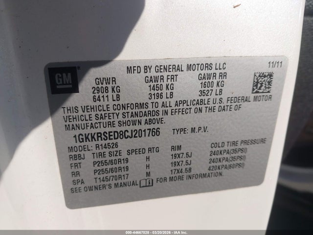 Aukcja sprzedaży 2012 Gmc Acadia Slt-2, vin: 1GKKRSED8CJ201766, numer aukcji: 44667028