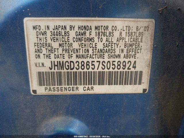 Aukcja sprzedaży 2007 Honda Fit Sport, vin: JHMGD38657S058924, numer aukcji: 44667042