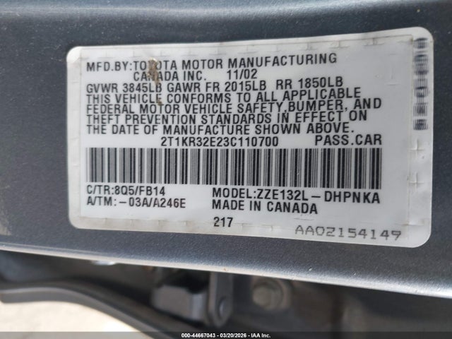 Aukcja sprzedaży 2003 Toyota Matrix Xr, vin: 2T1KR32E23C110700, numer aukcji: 44667043