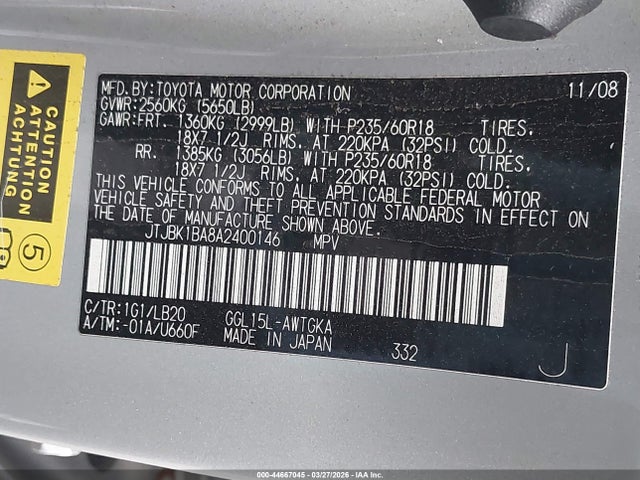 44667045 :رقم المزاد ، JTJBK1BA8A2400146 vin ، 2010 Lexus Rx 350 مزاد بيع