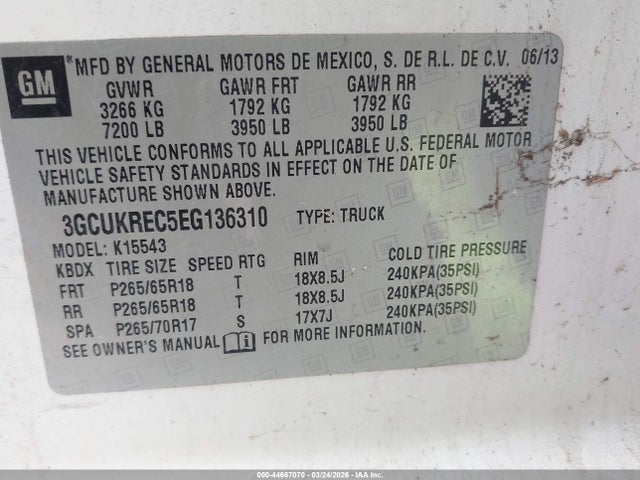 44667070 :رقم المزاد ، 3GCUKREC5EG136310 vin ، 2014 Chevrolet Silverado 1500 2lt مزاد بيع