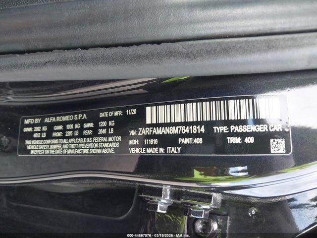 Продажа на аукционе авто 2021 Alfa Romeo Giulia Rwd, vin: ZARFAMAN8M7641814, номер лота: 44667076