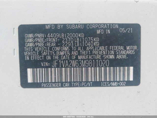 Aukcja sprzedaży 2021 Subaru Wrx Sti Limited, vin: JF1VA2W63M9811020, numer aukcji: 44667084