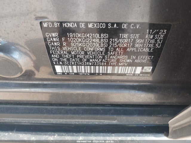 3CZRZ1H33RM733584 Honda Hr-v 2wd Lx