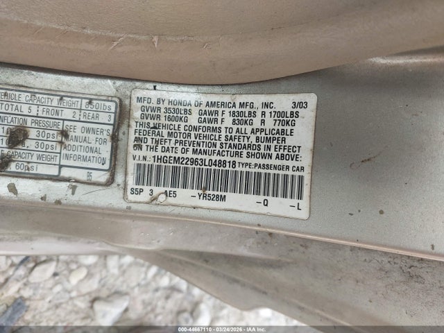 Aukcja sprzedaży 2003 Honda Civic Ex, vin: 1HGEM22963L048818, numer aukcji: 44667110