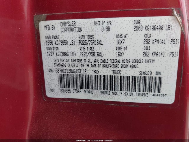 Продажа на аукционе авто 1998 Dodge Ram 1500 St, vin: 3B7HC12Z8WG193112, номер лота: 44667113