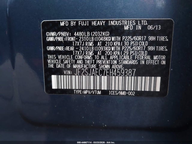 Продаж на аукціоні авто 2014 Subaru Forester 2.5i Premium, vin: JF2SJAEC7EH459387, номер лоту: 44667114