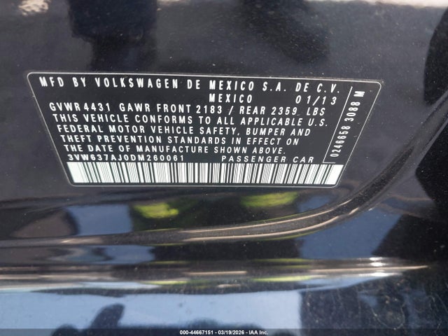 Продаж на аукціоні авто 2013 Volkswagen Jetta Hybrid Sel, vin: 3VW637AJ0DM260061, номер лоту: 44667151